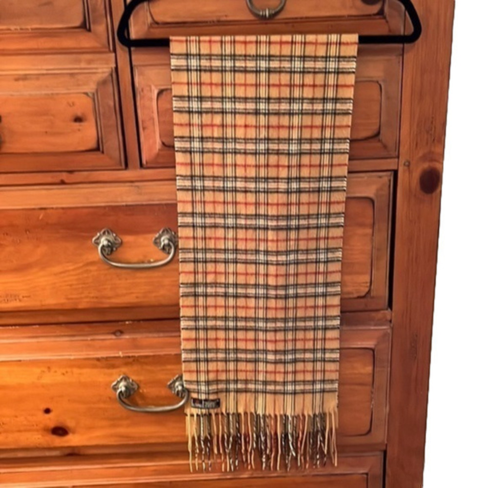 V. FRAAS The Scarf Source, Germany, Women’s tan, black, red plaid scarf.